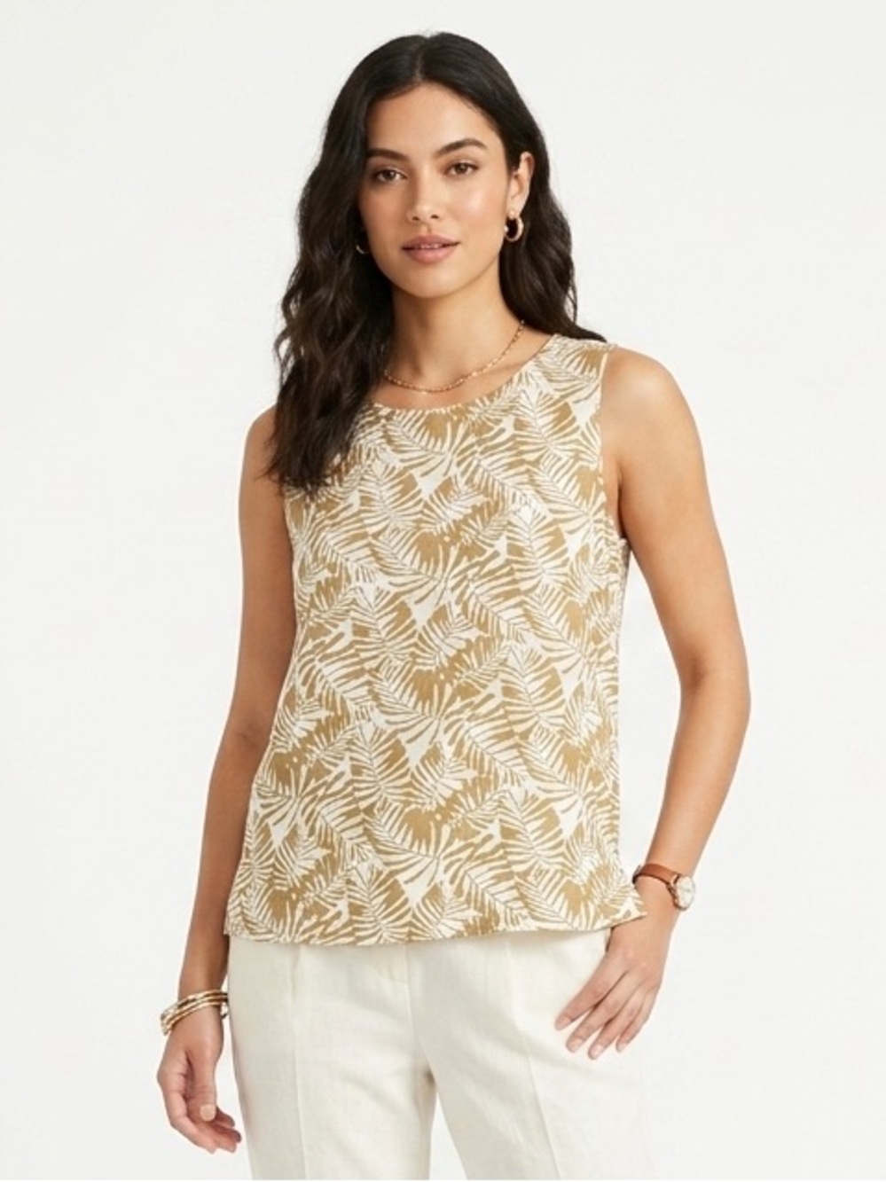 Premise Palm-Print Sleeveless Linen Shell in Tan and White Tropical Leaves Sz L